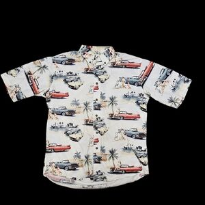 RedHead Button Down Mens Size Medium Short Sleeve Full Print Classic Cars Beach